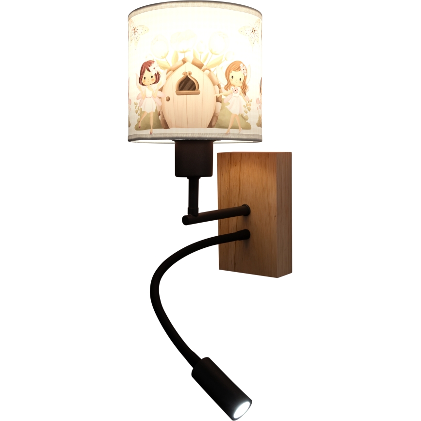 Brilagi - Lampă de perete LED flexibilă pentru copii BOBO WOOD 1xE27/25W/230V + LED/3W, stejar/negru/alb/roz/cu motive cu zâne
