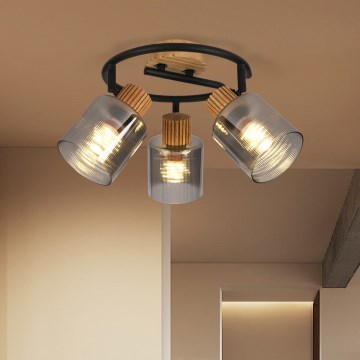 Brilagi - Lampă spot HYGGE 3xE14/15W/230V lemn de hevea/sticlă fumurie