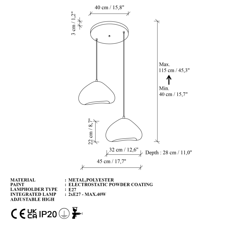 Brilagi - Lampă suspendată pe cablu LORA, 2xE27/40W/230V, Ø 45 cm, alb