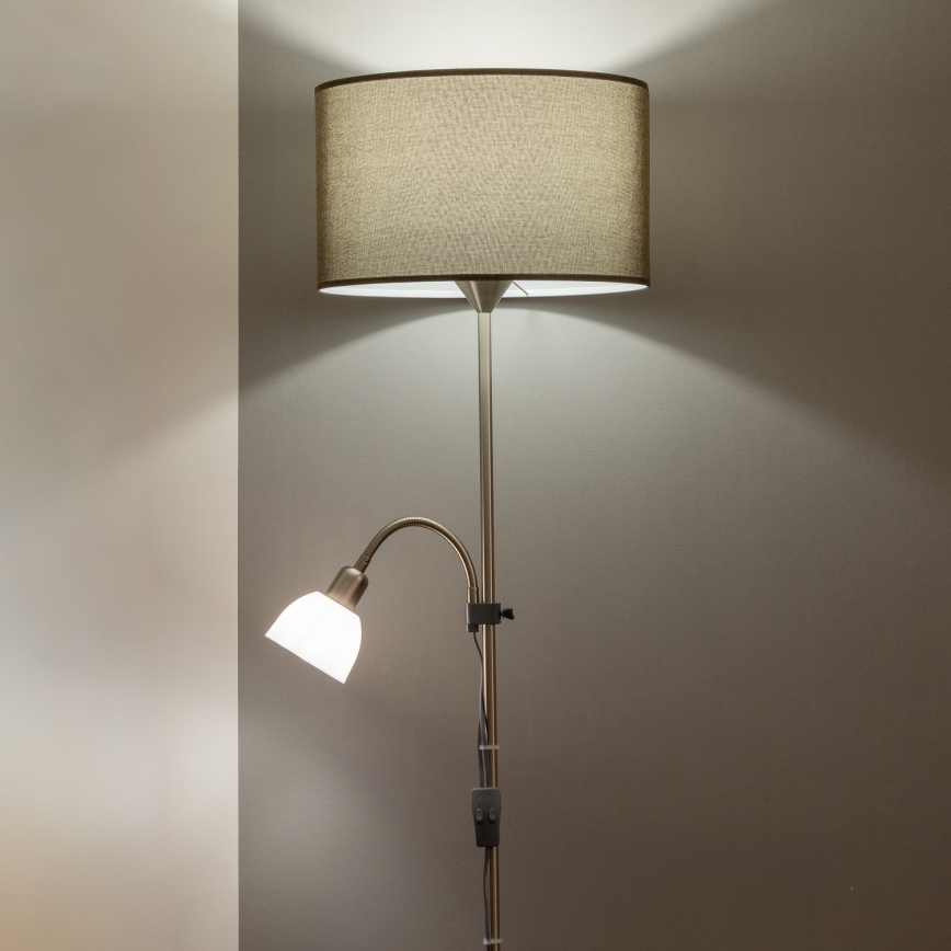 Brilagi - Lampadar CERIA 2-în-1, 1x E27/100W/230V + 1x E14/25W, crom mat/maro