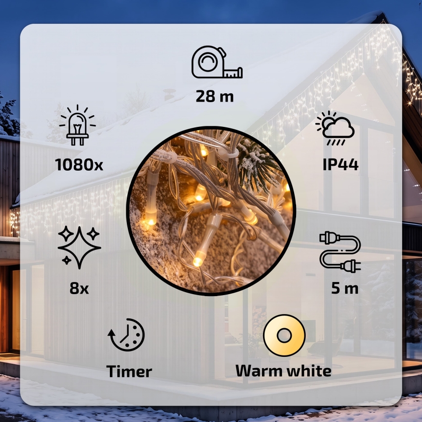 BRILAGI - Instalație luminoasă LED de exterior pentru Crăciun, 1080xLED/8 funcții, 33m, IP44, alb cald, cu țurțuri