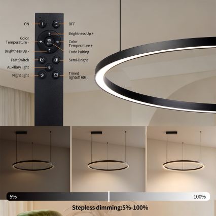 Brilagi - Lustră LED reglabilă suspendată pe cablu PORTOFINO LED/60W/230V 3000-6000K Ø 80 cm neagră + telecomandă