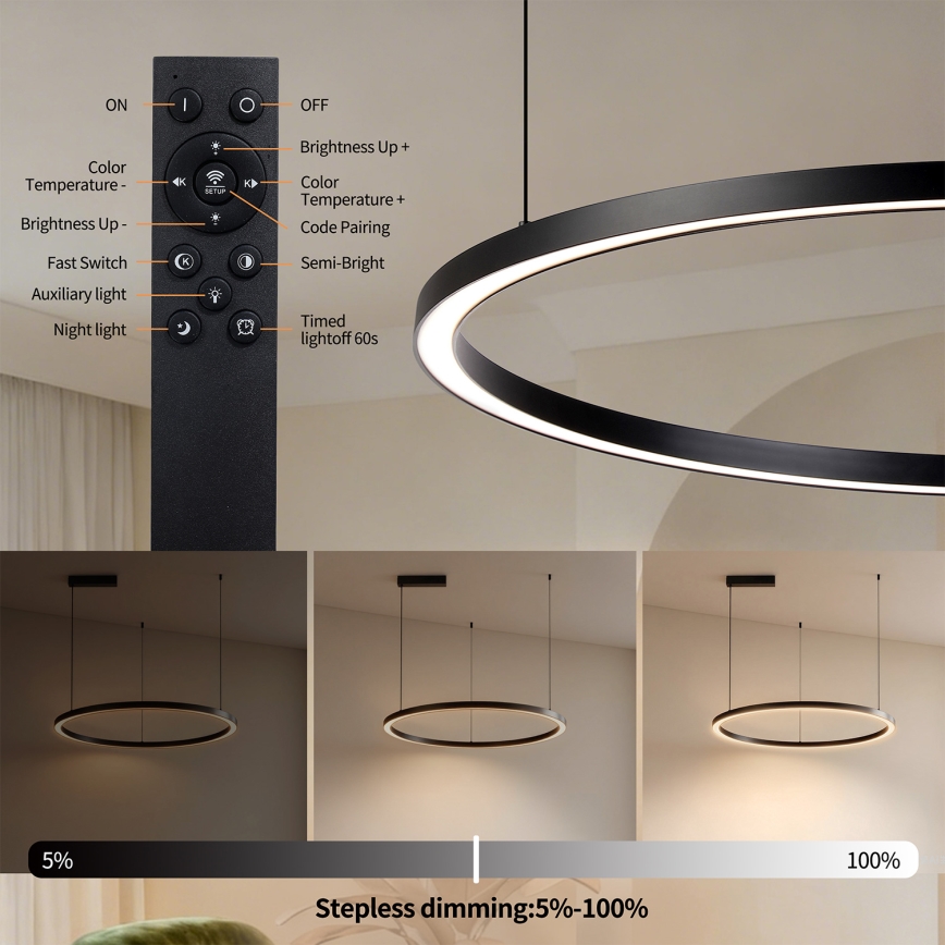Brilagi - Lustră LED reglabilă suspendată pe cablu PORTOFINO LED/60W/230V 3000-6000K Ø 80 cm neagră + telecomandă