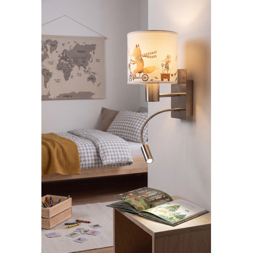Brilagi - Lampă LED de perete flexibilă pentru copii BOBO 1xE27/25W/230V + LED/3W crom mat/alb/cu animale