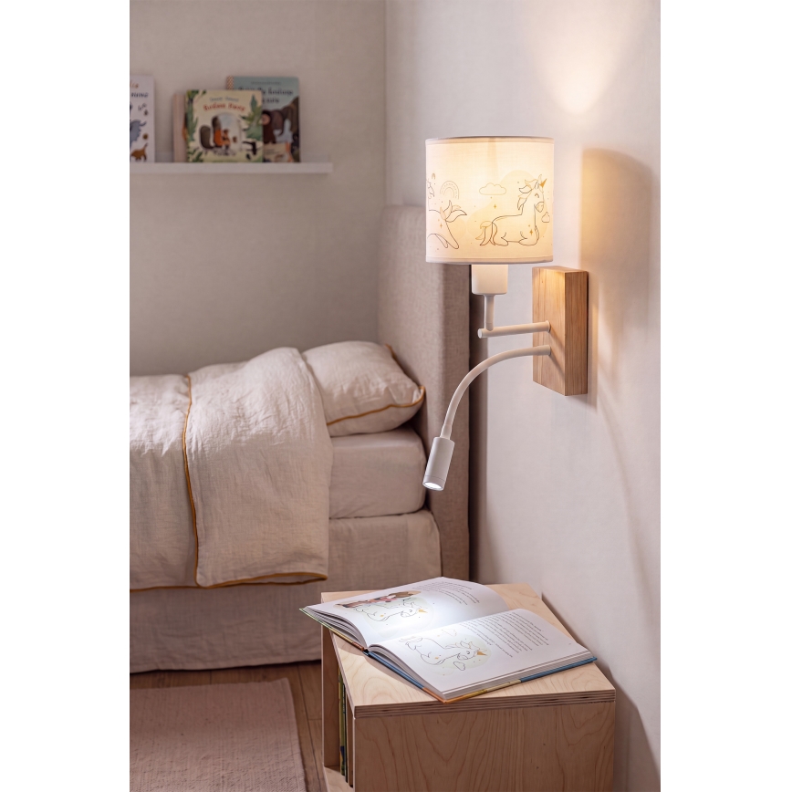 Brilagi - Lampă de perete flexibilă LED pentru copii BOBO WOOD 1xE27/25W/230V + LED/3W stejar/alb/cu unicorni