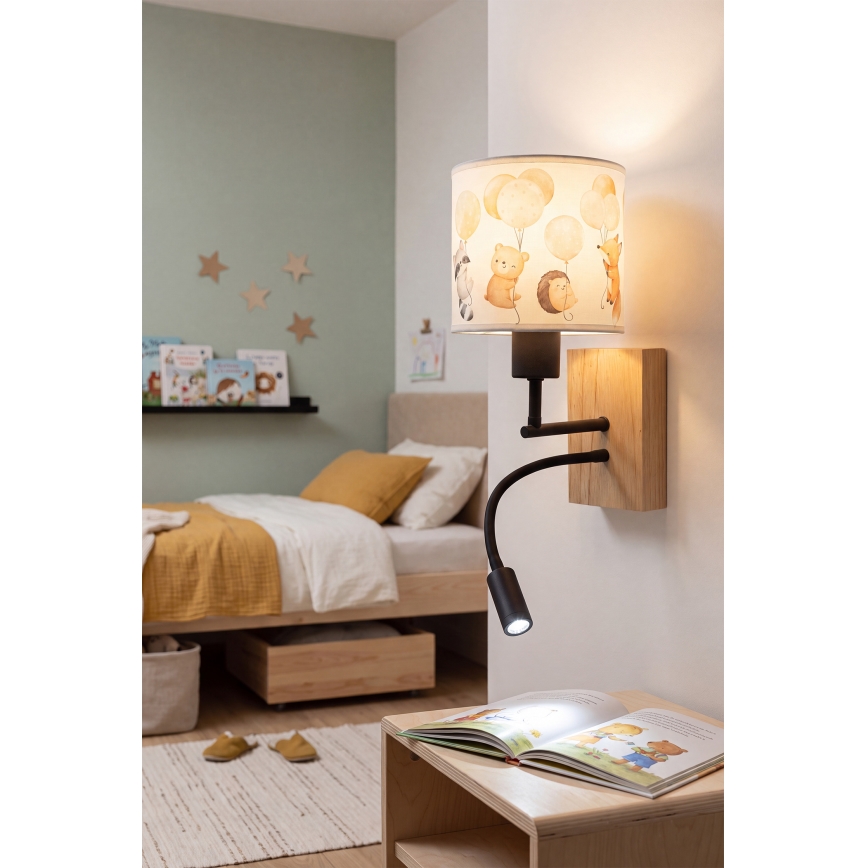 Brilagi - Lampă LED de perete flexibilă pentru copii BOBO WOOD 1xE27/25W/230V + LED/3W stejar/negru/alb/animăluțe
