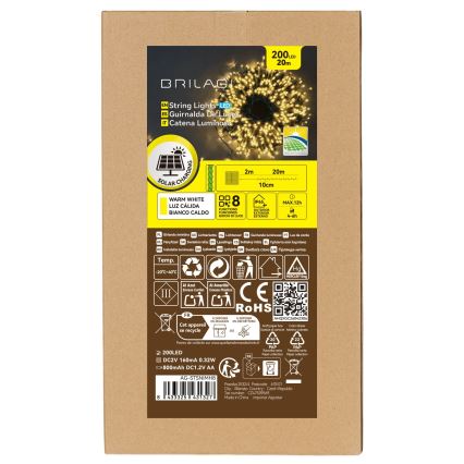 BRILAGI - ghirlandă solară LED de Crăciun 200xLED/8 funcții 22m 800 mAh IP65 alb cald