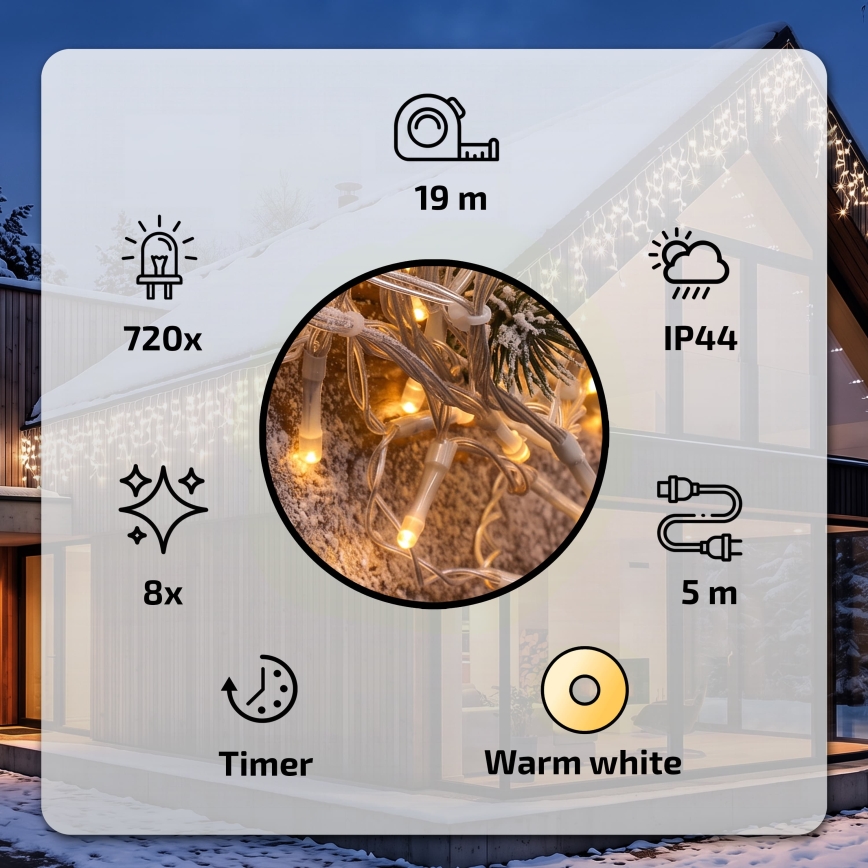 BRILAGI - Instalație luminoasă LED de exterior pentru Crăciun, 720 LED/8 funcții, 24 m, IP44, alb cald, țurțuri