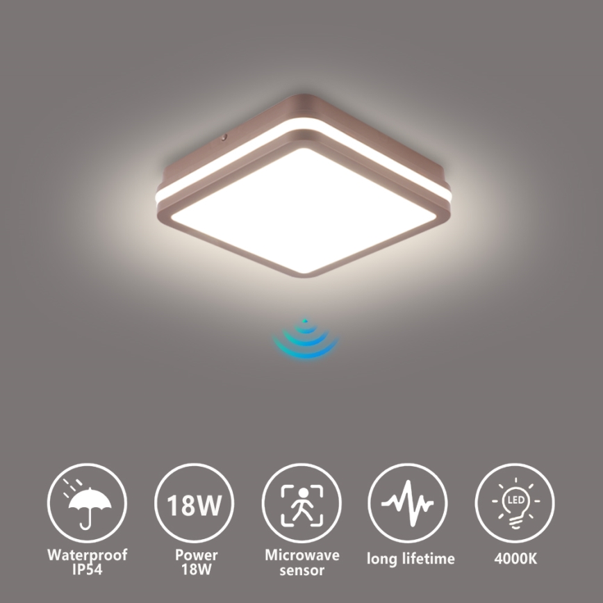 Brilagi - Plafonieră LED de exterior cu senzor BENE LED/18W/230V 21,5x21,5 cm maro IP54