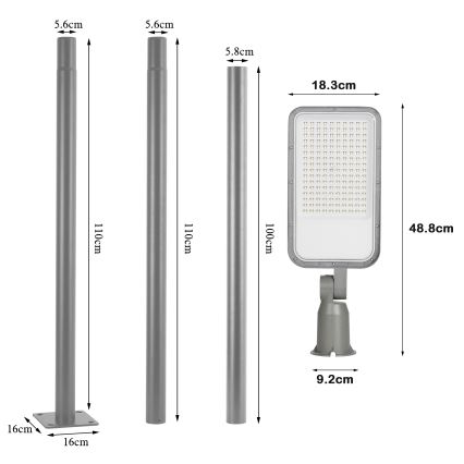 Brilagi - Lampă stradală LED de exterior, cu stâlp și articulație, 3 m, URBANLIGHT LED/100W/230V, gri, IP65
