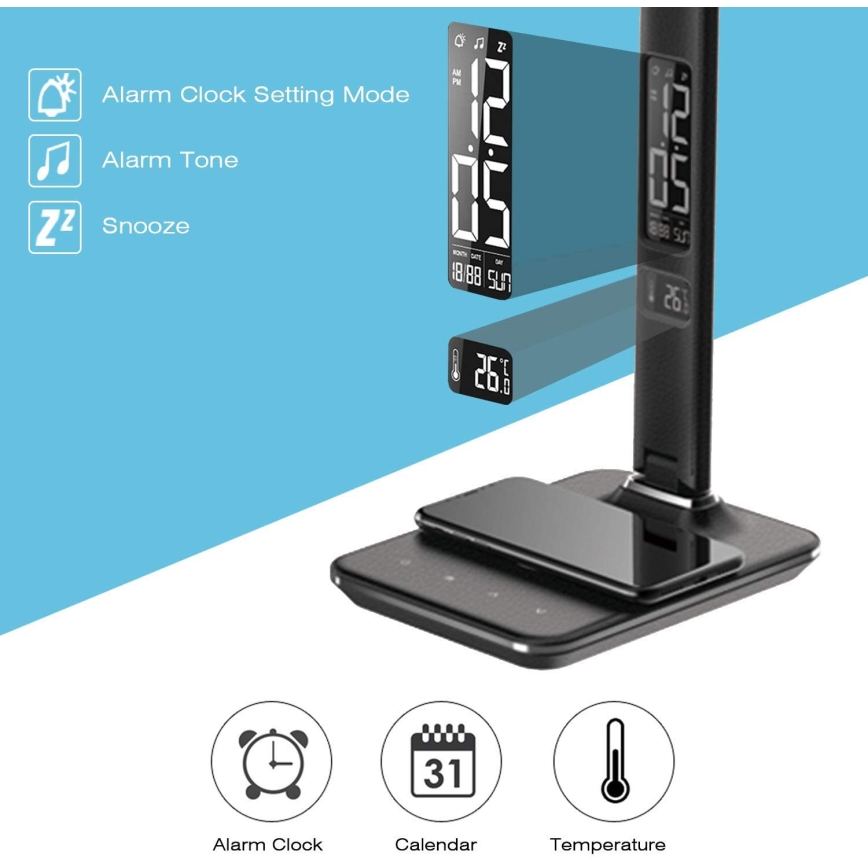 Brilagi - Lampă de masă LED reglabilă cu încărcare wireless QI și USB REGINA LED/8,5W/230V negru