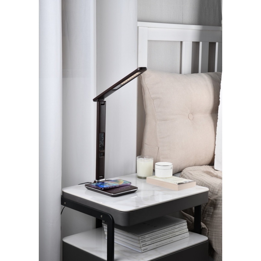 Brilagi - Lampă de birou LED dimmabilă cu încărcare wireless QI și USB REGINA LED/8,5W/230V maro