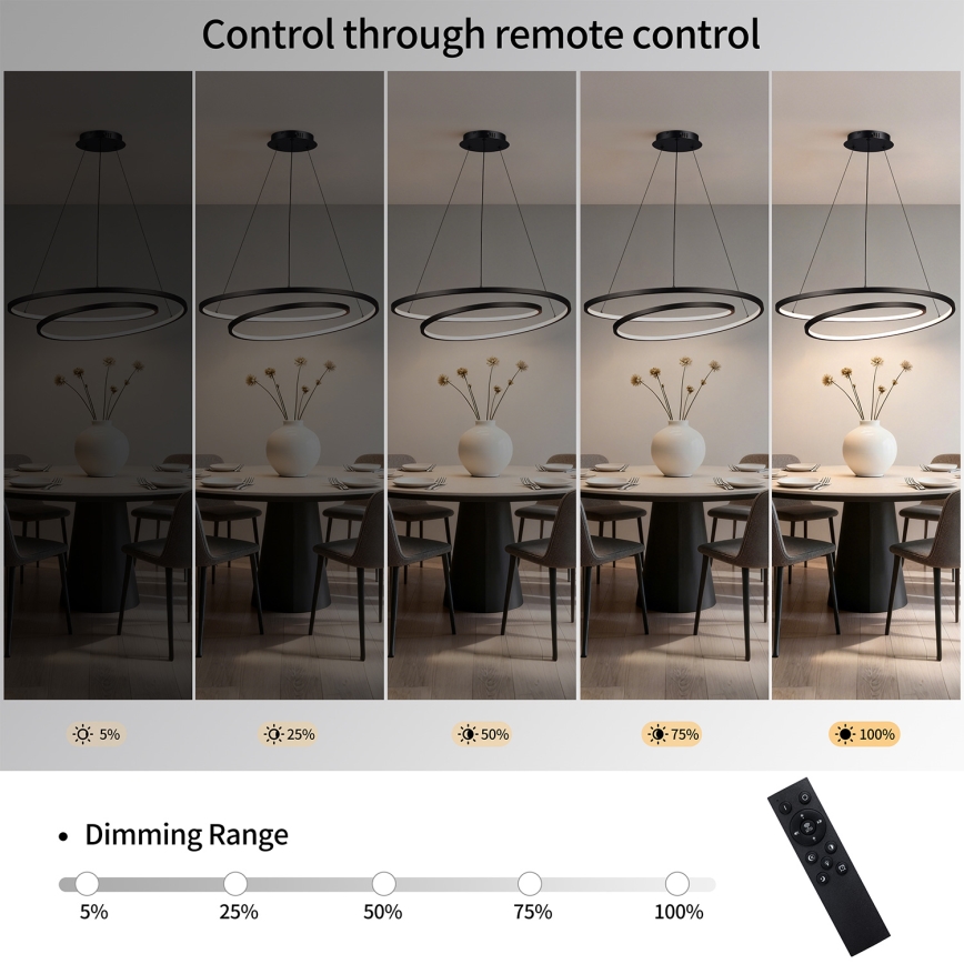 Brilagi - Lustra LED TWISTER dimabilă, suspendată pe cablu, 105W/230V, 3000-6000K, diam. 100 cm, negru + telecomandă