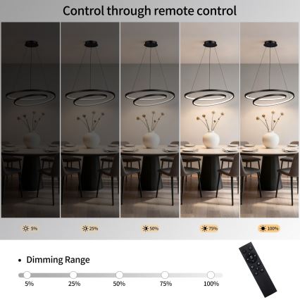 Brilagi - Lustra LED dimmabilă pe cablu TWISTER LED/75W/230V 3000-6000K Ø 70 cm neagră + telecomandă
