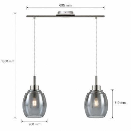 BRILAGI - LED lustră pe cablu RETRO GLASS 2xE27/60W/230V crom mat/gri fumuriu