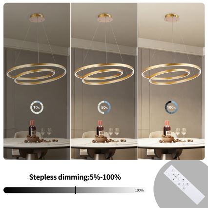 Brilagi - Lustru suspendat LED TWISTER, cu intensitate reglabilă, 75 W, 230 V, 3000–6000 K, diametru 70 cm, auriu + telecomandă