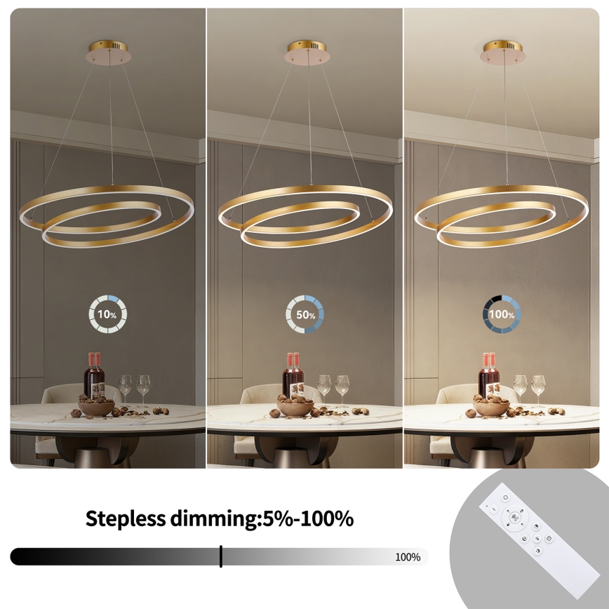 Brilagi - Lustru suspendat LED TWISTER, cu intensitate reglabilă, 75 W, 230 V, 3000–6000 K, diametru 70 cm, auriu + telecomandă