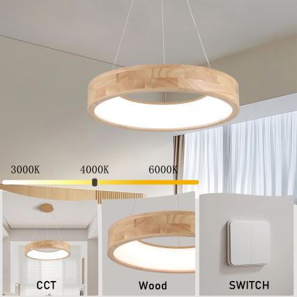 Brilagi - Pendul LED FALCON WOOD pe cablu, 30W, 230V, 3000/4000/6000K, Ø 45 cm, lemn