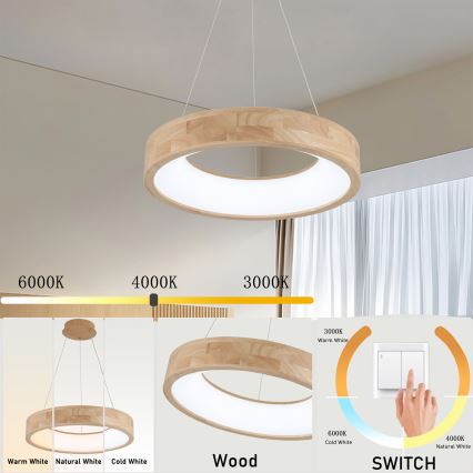 Brilagi - Pendul LED FALCON WOOD pe cablu, 30W, 230V, 3000/4000/6000K, Ø 45 cm, lemn
