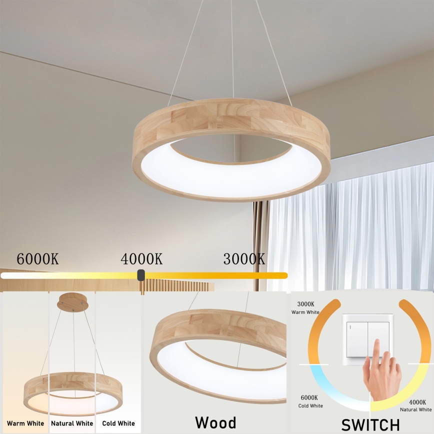 Brilagi - Pendul LED FALCON WOOD pe cablu, 30W, 230V, 3000/4000/6000K, Ø 45 cm, lemn