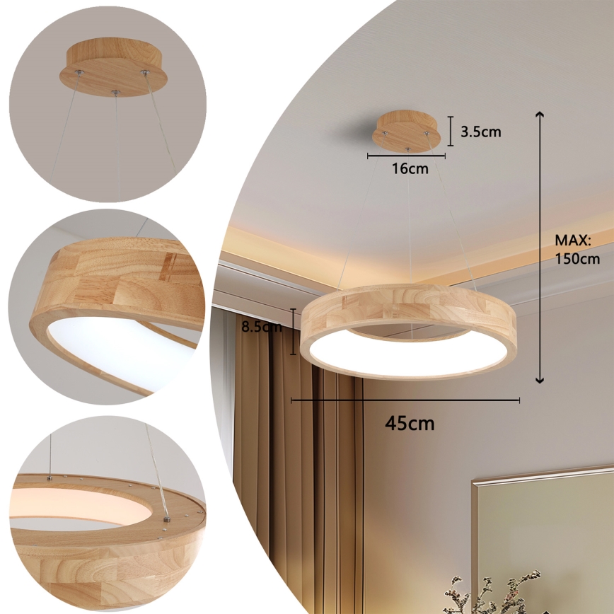 Brilagi - Pendul LED FALCON WOOD pe cablu, 30W, 230V, 3000/4000/6000K, Ø 45 cm, lemn