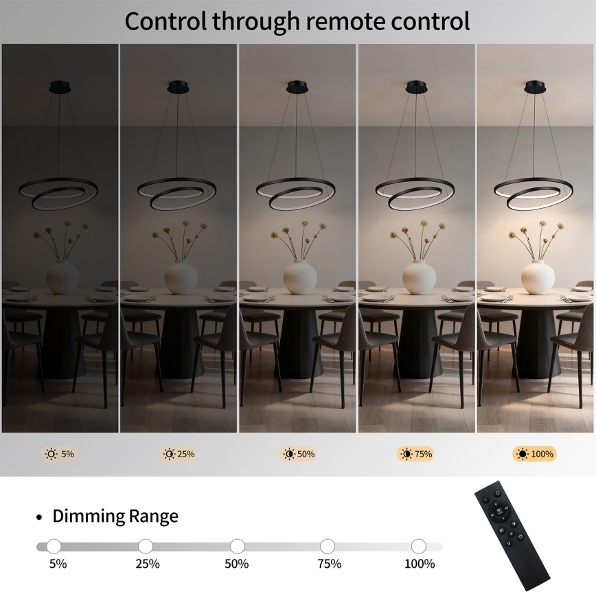 Brilagi - Candelabru LED reglabil pe cablu TWISTER LED/48W/230V 3000-6000K, Ø 50 cm, negru + telecomandă