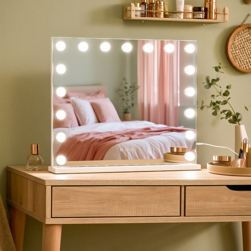 BRILAGI - Oglindă de machiaj LED cu reglare a intensității HOLLYWOOD LED/15W/230V CCT + 2x USB 60x50 cm albă