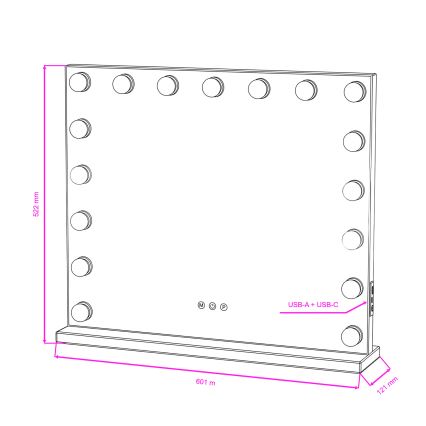BRILAGI - Oglindă de machiaj LED cu reglare a intensității HOLLYWOOD LED/15W/230V CCT + 2x USB 60x50 cm albă