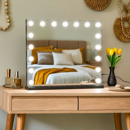 BRILAGI - Oglindă de machiaj LED cu intensitate reglabilă HOLLYWOOD LED/15W/230V CCT + 2x USB 60x50 cm neagră