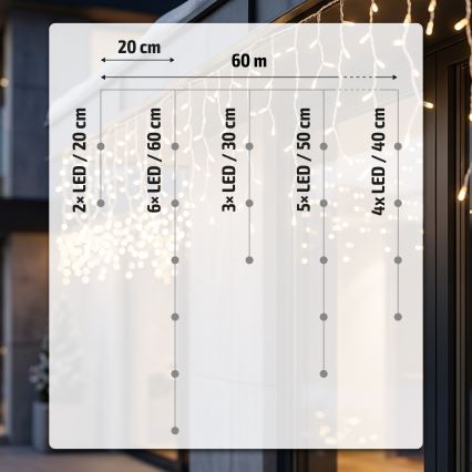 BRILAGI - Instalație luminoasă LED de exterior pentru Crăciun 1200 LED/8 funcții 63 m IP44 alb cald țurțuri