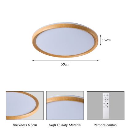 Plafonieră LED dimabilă Brilagi RIVO, LED/72W/230V, 3000-6000K, decor lemn, Ø 50 cm, cu telecomandă