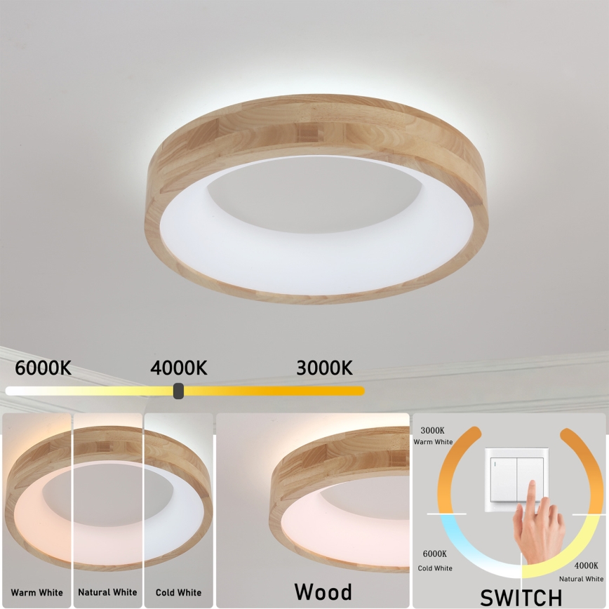 Brilagi - Plafonieră LED FALCON WOOD, 30 W, 230 V, 3000/4000/6000 K, Ø 45 cm, finisaj lemn