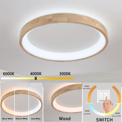 Brilagi - Plafonieră LED FALCON WOOD, 60W, 230V, 3000/4000/6000K, Ø 80 cm, lemn