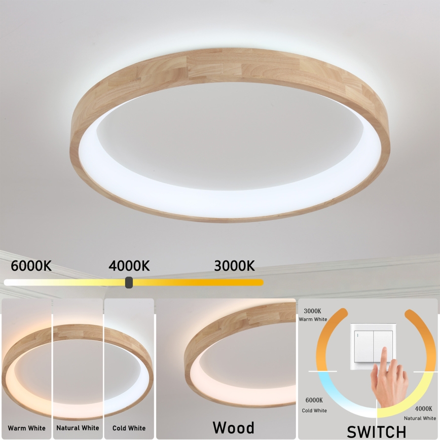 Brilagi - Plafonieră LED FALCON WOOD, 60W, 230V, 3000/4000/6000K, Ø 80 cm, lemn