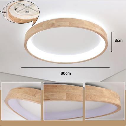 Brilagi - Plafonieră LED FALCON WOOD, 60W, 230V, 3000/4000/6000K, Ø 80 cm, lemn
