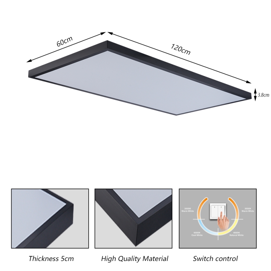 Brilagi Plafonieră LED pentru baie FRAME, 96 W, 230 V, 120 x 60 cm, 3000/4000/6000 K, IP44, negru