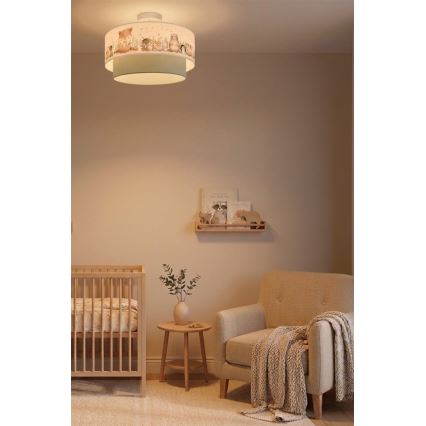 Brilagi - Plafonieră LED pentru copii BOBO 1xE27/10W/230V, Ø 40 cm, alb/verde/cu animale
