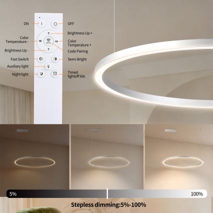 Brilagi - Candelabru LED reglabil pe cablu PORTOFINO LED/60W/230V 3000-6000K Ø 80 cm argintiu + telecomandă