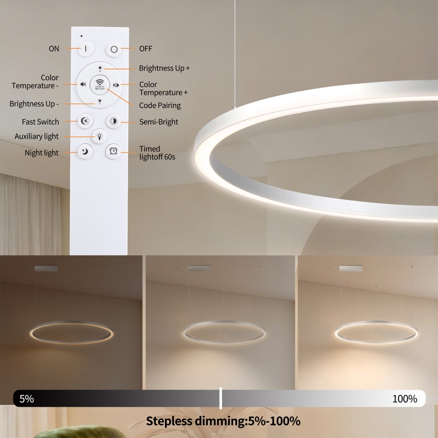 Brilagi - Candelabru LED reglabil pe cablu PORTOFINO LED/60W/230V 3000-6000K Ø 80 cm argintiu + telecomandă