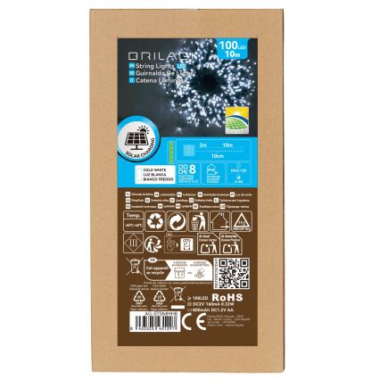BRILAGI - LED Ghirlandă solară de Crăciun 100xLED/8 funcții 12 m 800 mAh IP65 alb rece