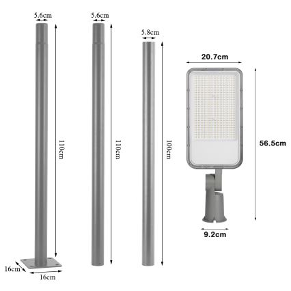 Brilagi - Lampă stradală LED de exterior URBANLIGHT, cu stâlp și braț articulat, 3 m, LED/200W/230V, gri, IP65