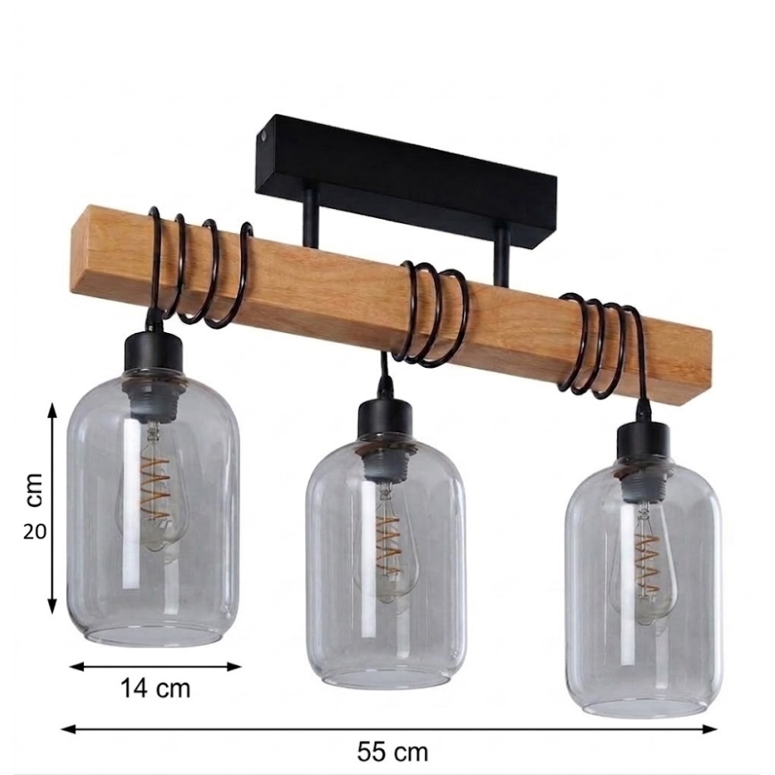 Brilagi - Lustră aplicată WOOD GLASS 3xE27/60W/230V pin/negru/gri fumuriu