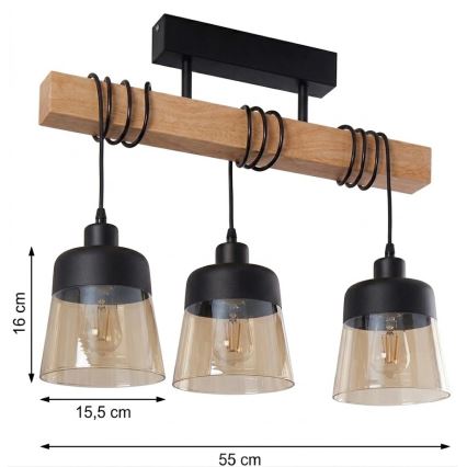 Brilagi - Lustră aplicată WOOD GLASS 3xE27/60W/230V pin/negru/maro fumuriu