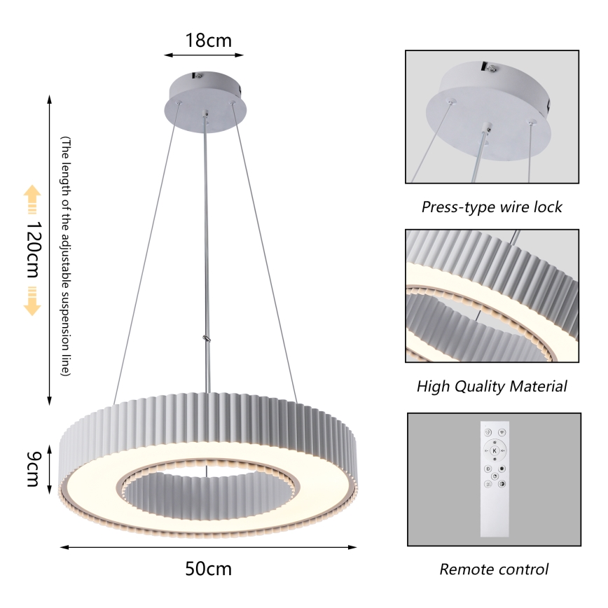 Brilagi - Lampă suspendată LED dimabilă pe cablu LUMIX, 48 W, 230 V, 3000–6000 K, alb, Ø 50 cm + telecomandă