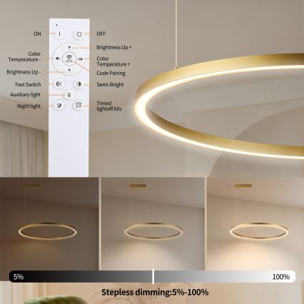 Brilagi - Lustră LED dimabilă suspendată pe cablu PORTOFINO LED/60W/230V 3000-6000K Ø 80 cm auriu + telecomandă