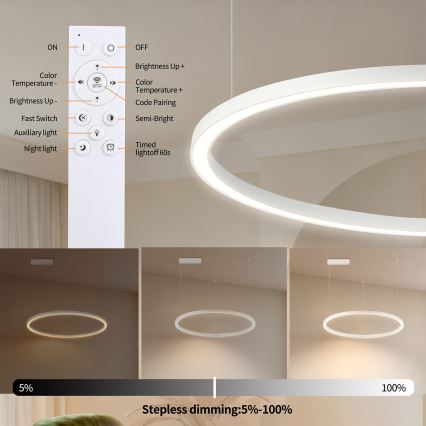 Brilagi - Lustru LED dimerizabil suspendat pe cablu PORTOFINO LED/60W/230V 3000-6000K Ø 80 cm alb + telecomandă