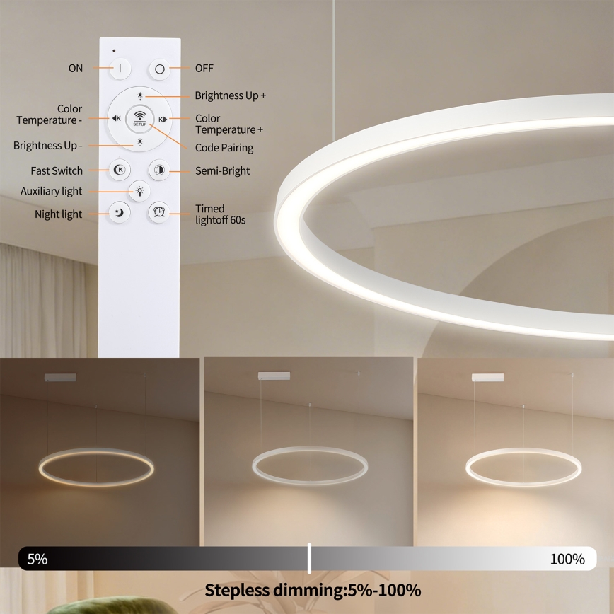 Brilagi - Lustru LED dimerizabil suspendat pe cablu PORTOFINO LED/60W/230V 3000-6000K Ø 80 cm alb + telecomandă