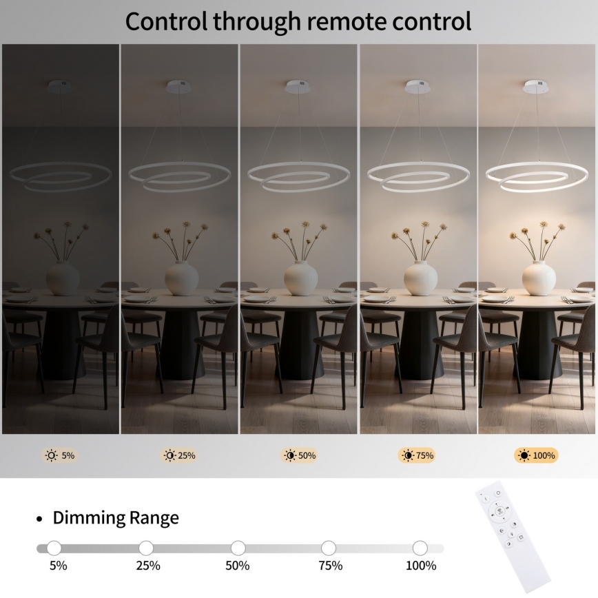 Brilagi - Lustru suspendat dimmabil TWISTER LED, 75 W, 230 V, 3000–6000 K, Ø70 cm, alb, cu telecomandă
