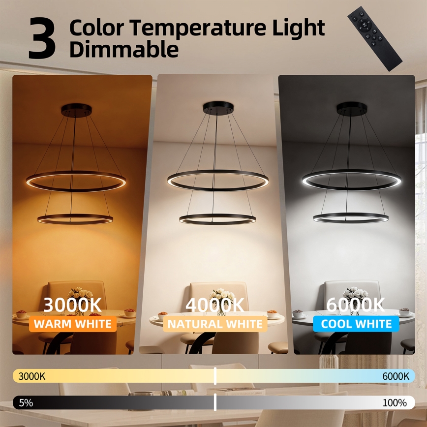 Brilagi - Lustru LED dimmabil suspendat pe cablu PORTOFINO LED/98W/230V 3000-6000K, diam. 80 cm, negru + telecomandă