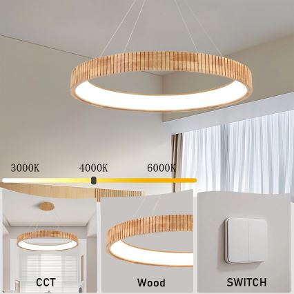 Brilagi - Lustru suspendat pe cablu FALCON WOOD MODERN, LED 60W, 230V, 3000/4000/6000K, Ø 80 cm, lemn
